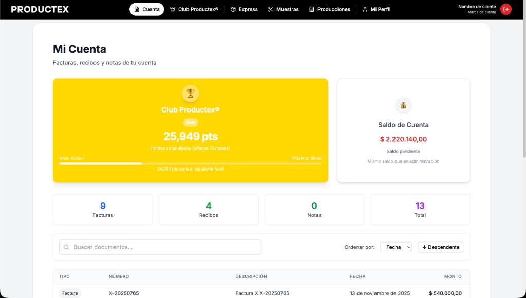 Captura de Mi Cuenta en ProductexApp®: Club Productex con puntos acumulados, saldo de cuenta y resumen de documentos