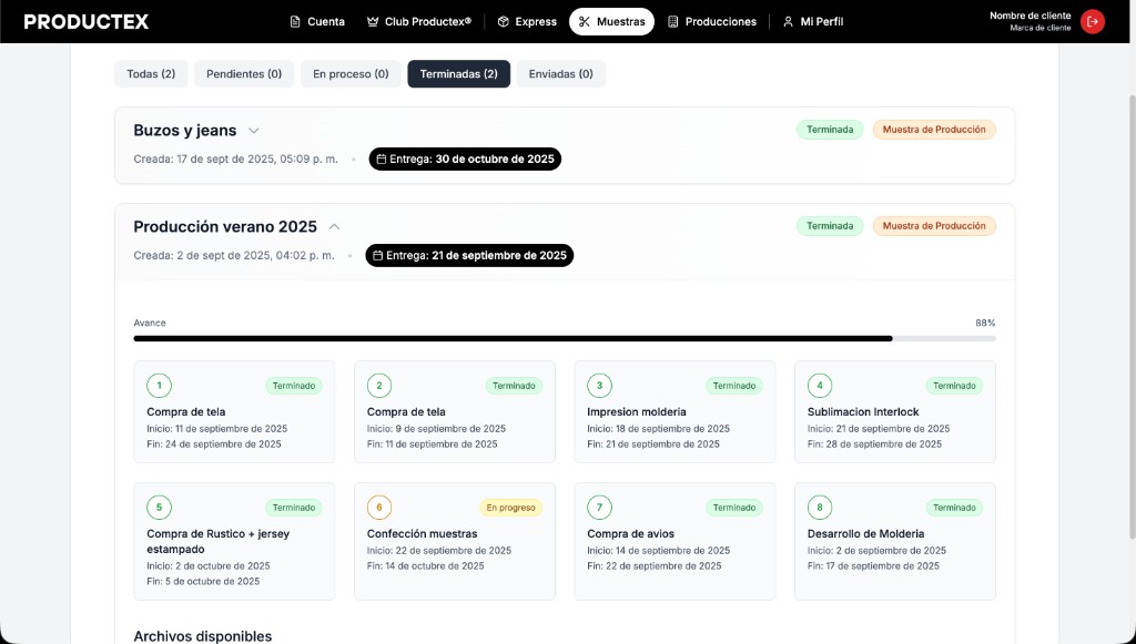 Captura de Muestras en ProductexApp®: tarjetas con estados, barra de avance y grilla de etapas de producción